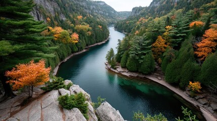 Serene River Bend Meandering Through a Verdant Forest with Autumn Foliage and Rugged Rocky Outcrops under a Softly Lit Sky