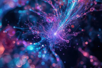 A mesmerizing display of vibrant light trails and glowing particles in a dark, nebulous expanse.