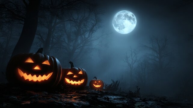 Creepy glowing jack o lantern pumpkins on a dark night with full moon in mystical haunted forest, spooky halloween background with eerie atmosphere and autumn vibes