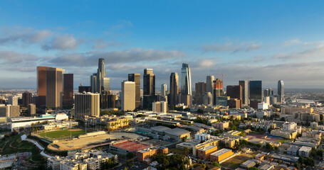 Plakat Los Angeles district with skyscrapers. Aerial panorama of the LA city. Los Angeles skyline. Modern urban view of Los Angeles with architecture and sky. Los Angeles USA drone photo of downtown skyline.