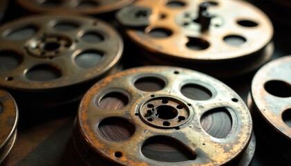 Obraz premium Vintage Slot Machine Reels with Abstract Burst of Golden Light Close up, highly detailed shot of antique slot machine reels displaying a winning combination (three sevens or cherries). The reels are