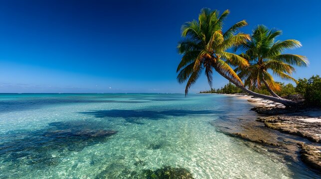 Two leaning palm trees overhang a shallow, clear tropical ocean next to a rocky shoreline under a bright blue sky - Powered by Adobe