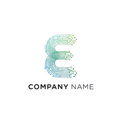 Digital circuit letter E logo design for technology company.