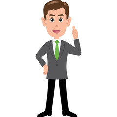 A Caucasian Male Character in a Grey Suit and Green Tie Gives a Thumbs Up and Smiles Confidently on a Transparent Background