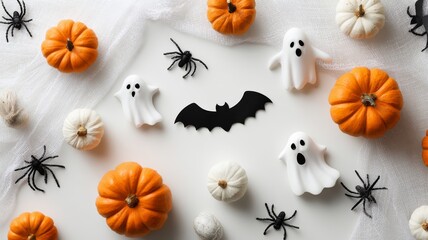 Cute halloween flat lay composition with orange pumpkins, black bats, spooky ghosts, spiders, and cobweb decorations arranged on white background for festive holiday design, seasonal celebration, and 