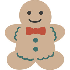 A charming gingerbread man illustration with a red bow tie and blue wavy accents on a transparent background perfect for holiday designs