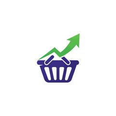 Shopping basket with upward trend arrow representing business growth and success.