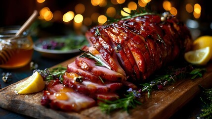 Traditional honey glazed ham with fresh herbs and lemon slices on wooden board, perfect for holiday menus, food blogs