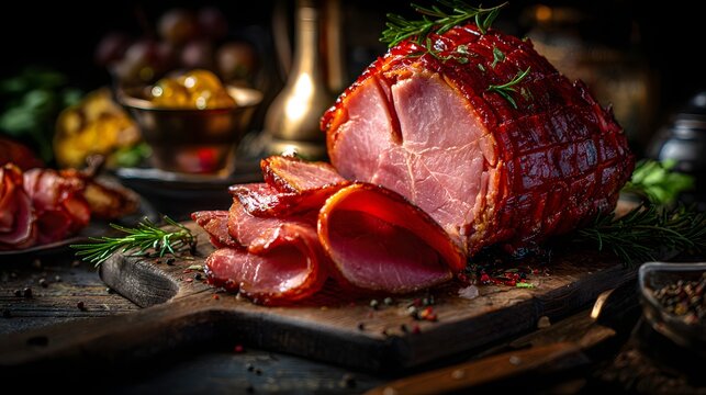Traditional honey glazed ham with fresh herbs and lemon slices on wooden board, perfect for holiday menus, food blogs