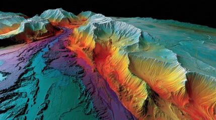 A vibrant, layered topographic map depicting mountainous terrain with colorful elevations and valleys, showcasing the Earth's geological features.
