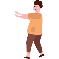 A Cartoon Man In A Brown Shirt And Pants Walking With His Hands Out And A Smiling Face Isolated On A White Background