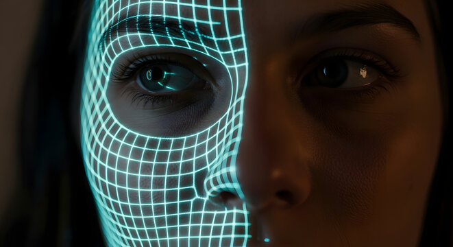 A woman's face with a glowing blue digital grid overlay on one side, representing facial recognition technology.