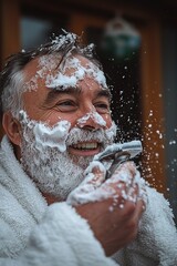 Shaving Soap Happiness: A mature man with shaving cream on his face, laughing or smiling while holding a razor