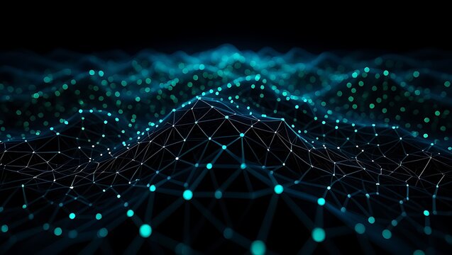 Abstract network of glowing blue and green dots on black background technology data - Powered by Adobe