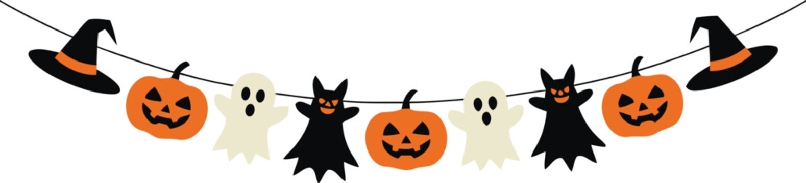 Cute halloween garland with pumpkins ghosts and witch hats on string.eps