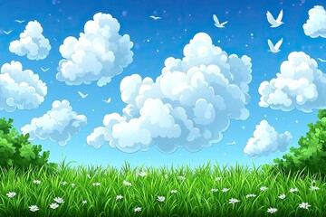 Bright Summer Sky painting: A vibrant blue sky filled with fluffy white cumulus clouds above a stretch of green grass