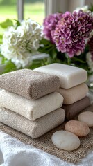 Spa Essentials Stack: Stacked bars of beige and white soap or folded towels next to floral arrangements