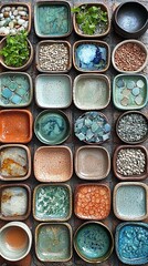 Tiled Color Palette: An array of small square tiles or paint swatches in various shades of teal, green, and earthy tones