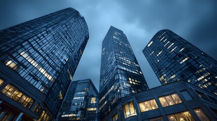 Fototapeta premium Several modern glass skyscrapers tower against a dark blue twilight sky