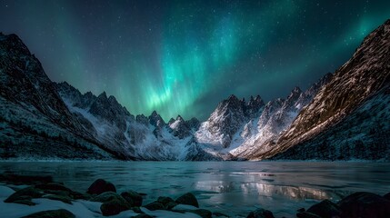 Naklejka premium Brilliant atmospheric light display illuminates jagged, snow-covered mountains reflected in a frozen body of water at night