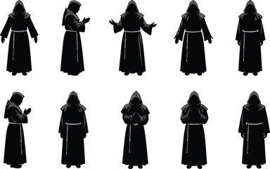 Monk praying in hooded robe silhouette poses showing faith, devotion, meditation and worship concept, cad drawing flat vector illustration