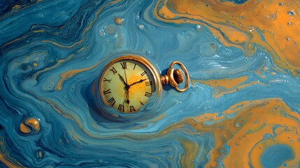 Antique pocket watch rests suspended within swirling, marbled liquid colors