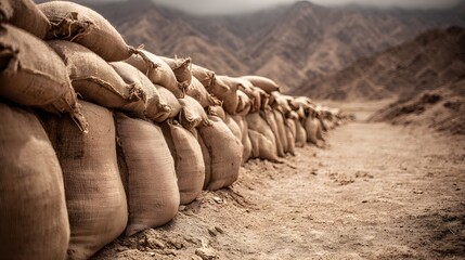 Row of tightly packed burlap sacks forms a defensive barrier against a desolate mountain backdrop