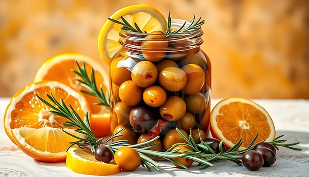 Preserved olives in a jar with fresh citrus slices and rosemary sprigs on a rustic table