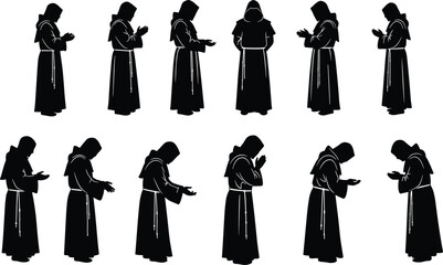 Monk praying in hooded robe silhouette set showing different poses of meditation and prayer, cad drawing flat vector illustration