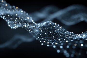 Abstract network of light nodes connected by lines on a dark background. Ideal for science, technology, data, or any complex connectivity concept.