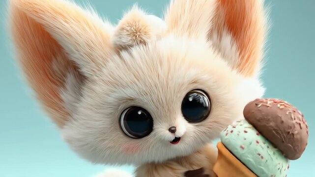 A fluffy, cartoon-style fennec fox stands holding a double-scoop ice cream cone against a light blue background. It has large eyes and ears