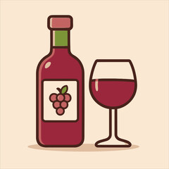 Stylized Wine Bottle and Glass with Grape Label Burgundy Hues.