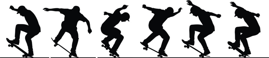 Dynamic black and white vector illustrations of skateboarders performing extreme tricks, urban street culture, youth lifestyle, action sports graphic pack, modern silhouette collection. © Arman Creatives