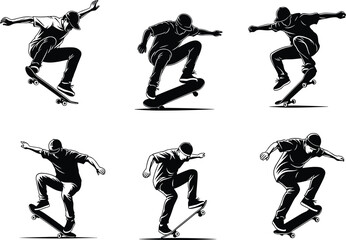 Dynamic black and white vector illustrations of skateboarders performing extreme tricks, urban street culture, youth lifestyle, action sports graphic pack, modern silhouette collection.