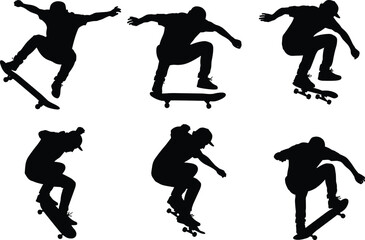 Collection of six detailed black skateboarder silhouettes in mid-air performing various extreme street sport tricks, action graphic, urban youth energy.
