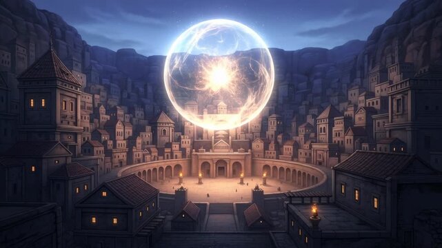Ancient city under a glowing energy sphere with mystical light, revealing secrets of extinct civilizations, animation
