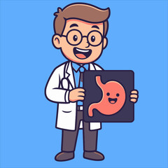 Cartoon Doctor Holding Smiling Stomach XRay Wearing Glasses and Lab Coat.