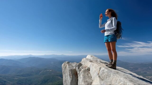 Female hiker standing on mountain peak, gesturing while absorbing expansive panoramic landscape with rolling hills, valleys stretching beneath luminous blue sky and distant horizon