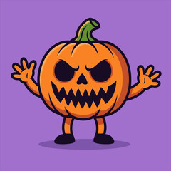 Cartoon Halloween Pumpkin Character with Spooky Face and Raised Hands.