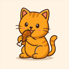 Cartoon Orange Tabby Cat Enjoying a Chicken Drumstick Meal with Delight.