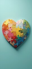 A colorful heart-shaped puzzle on a soft teal background, symbolizing love, connection, and completion.