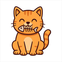 Cartoon Orange Tabby Cat with Fishbone Smiling with Closed Eyes.