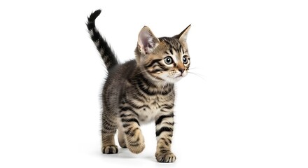 Obraz premium Adorable Tabby kitten walking forward with tail raised and striking blue eyes, isolated on a bright white background