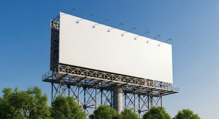 A large, blank white billboard stands tall against a clear blue sky, surrounded by green trees, ready for advertising