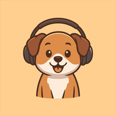 Cheerful Cartoon Dog Wearing Headphones Smiling with Tongue Out Listening to Music.