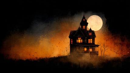 Spooky haunted house at night with glowing windows, eerie fog, and dark twisted trees, creating a chilling halloween atmosphere with mysterious shadows and full moon in the background