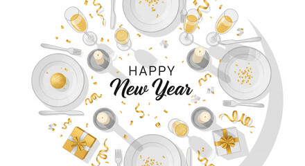 Festive New Year's table setting with champagne, gifts, and decorations.