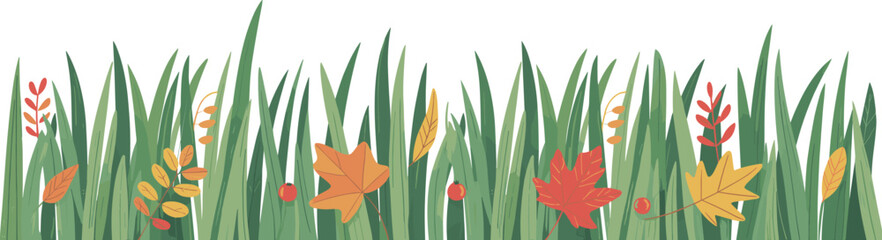 Autumn grass with colorful fall leaves, wheat stalks and red berries, seasonal foliage nature design, modern vector artwork, creative botanical illustration © Shohan Creatives 