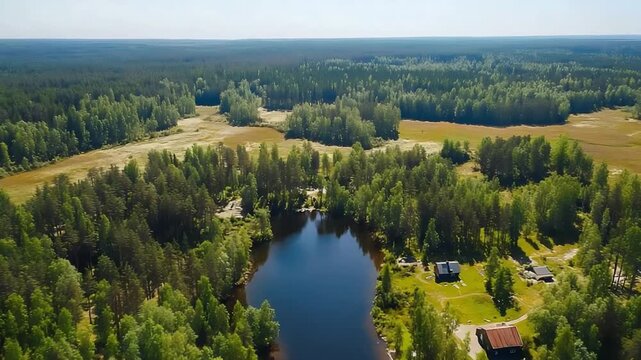 Aerial view of a lake surrounded by lush green forest and small cabins