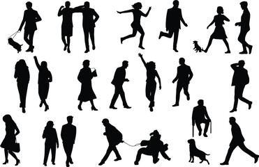 Obraz premium Silhouette people with dogs, twenty human figures four pets, walking running standing lifestyle concept, modern vector artwork, creative illustration collection